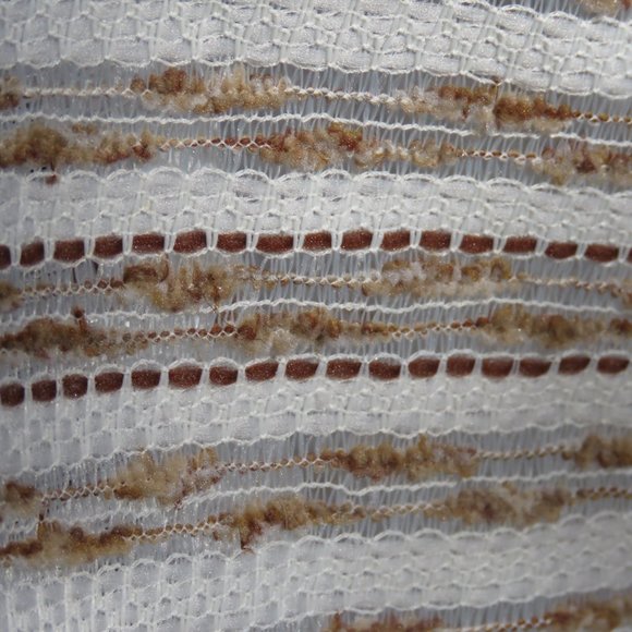 Long retro loose weave net curtains -white w/ brown/taupe/ecru textured banding - Picture 16 of 16